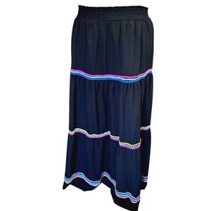 Crown & Ivy Tiered Black Rainbow Ric Rac Stripe Maxi Skirt Pull On Size XL